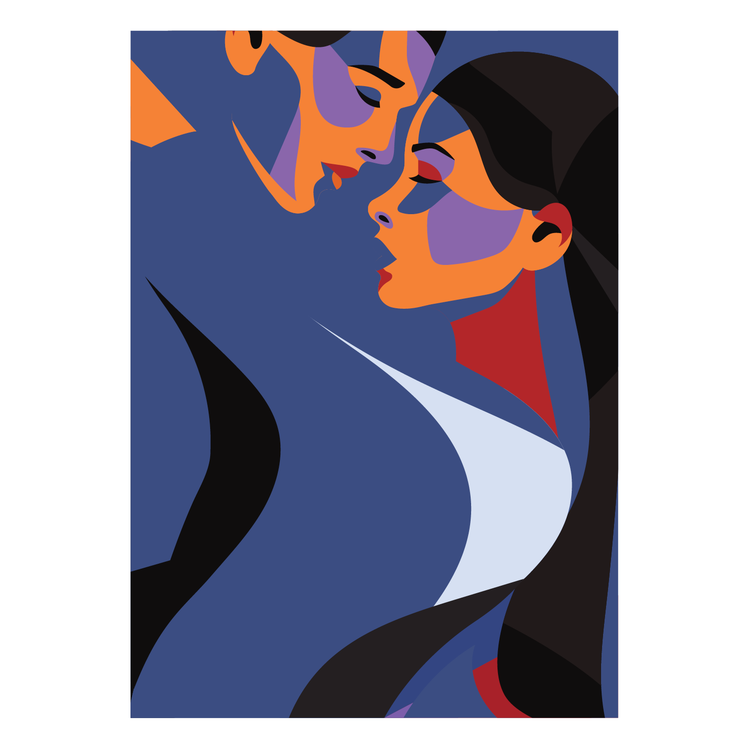 Two people in a close embrace, rendered as flat interlocking shapes — original artwork from Bloom's own brand illustration.